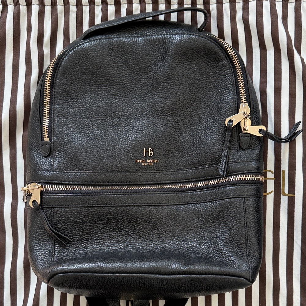 Henri Bendel Black Leather Backpack with Gold Accents